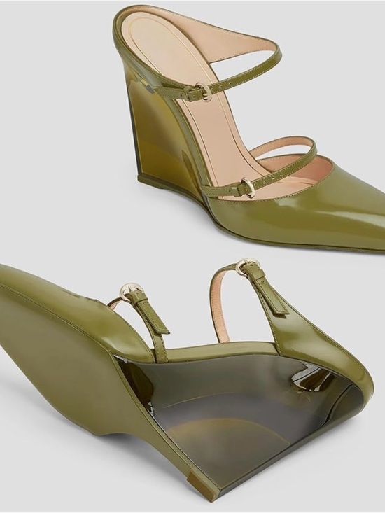 Shoes - Olive Patent Mary Jane Wedge Heels with Strappy Buckles